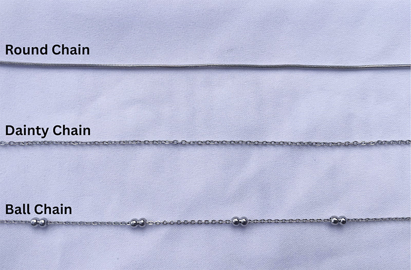 Chain options showing round, dainty, and ball on a white background.