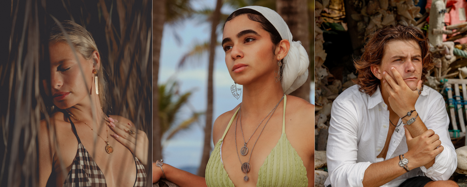Three people with close-up shots of jewelry, a woman in a brown and white checkered bikini top, a woman in a green bikini top, and a man with a white shirt. 