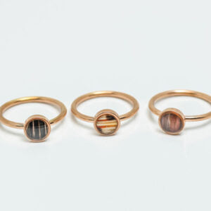 Three gold rings with embedded lionfish fins on a white background