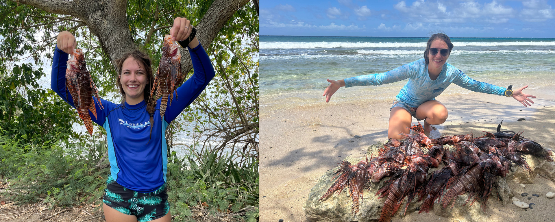 Two pictures of a woman, one holding up two lionfish in front of a tree and one on a beach with ocean view showcasing a large amount of lionfish in a pile on the sand. 